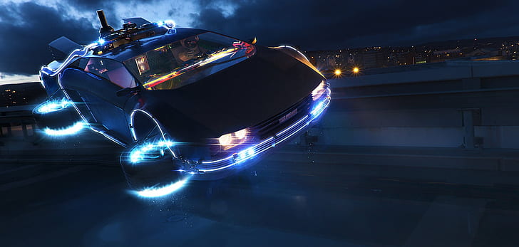 car, fantasy art, futuristic, DeLorean, Back to the Future, Michael Marcondes, HD wallpaper
