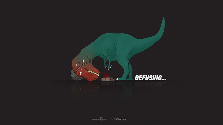 зелено t-rex изкуство с обезвреждащо наслояване на текст, Counter-Strike, Counter-Strike: Global Offensive, бомби, динозаври, Tyrannosaurus rex, хумор, HD тапет
