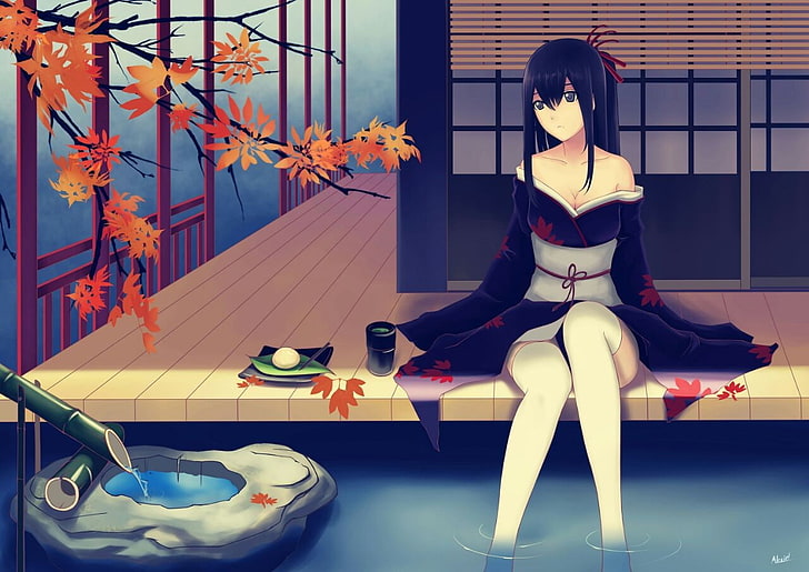 Anime, Haus, blaue Augen, blaue Haare, Kimono, See, HD-Hintergrundbild