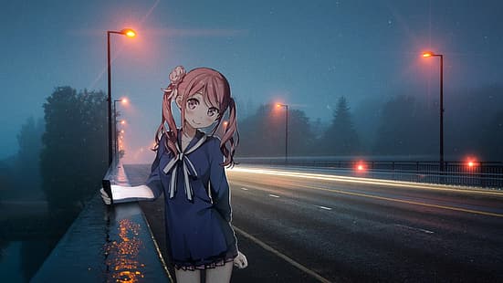 Kurumi (Kantoku), Kantoku, gadis anime, karakter asli, lampu jalan, Wallpaper HD HD wallpaper