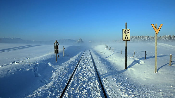 Railroad, winter, signs, landscape, railroad, winter, signs, landscape, HD wallpaper