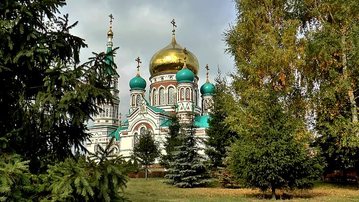 sonbahar, yapraklar, bulutlar, Kilise, Tapınak, din, manastır, OMSK, manastır, Sibirya şehri, Sibirya şehri, HD masaüstü duvar kağıdı