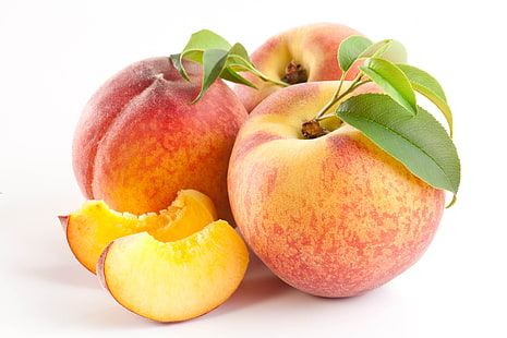 tre äppelfrukter, persika, skiva, skär, vit bakgrund, HD tapet HD wallpaper
