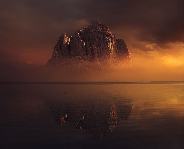 Berge, See, Sonnenuntergang, Reflexion, Wolken, Nebel, Gold, Klippe, Wasser, Natur, Landschaft, HD-Hintergrundbild