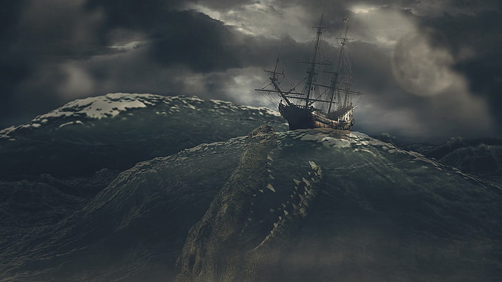 black sailing ship wallpaper, nature, sea, ship, digital art, sailing ship, waves, storm, clouds, sea monsters, fangs, muzzles, Moon, dark, creature, demon, fantasy art, water, HD wallpaper