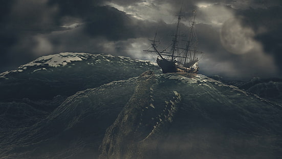 黒帆船の壁紙、自然、海、船、デジタルアート、帆船、波、嵐、雲、海の怪物、牙、銃口、月、暗い、生き物、悪魔、ファンタジーアート、水、 HDデスクトップの壁紙 HD wallpaper