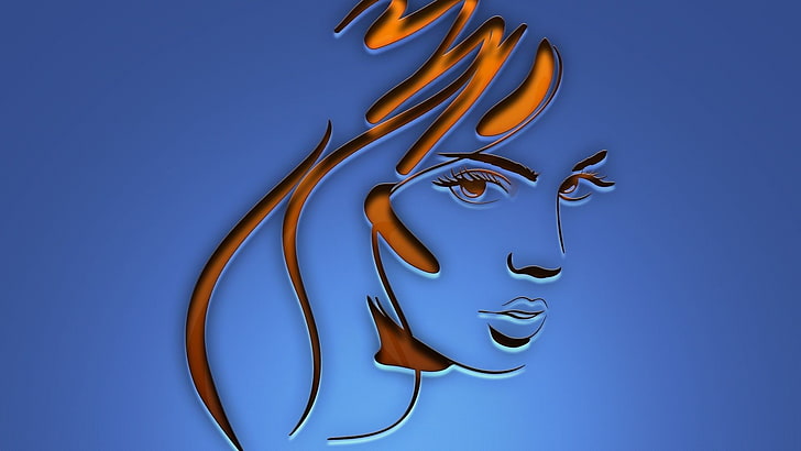 arte digital, fundo azul, fundo simples, minimalismo, mulheres, rosto, cabelos longos, linhas, HD papel de parede