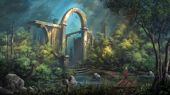 digital art, warrior, sword, castle, forest, landscape, fantasy art, HD wallpaper HD wallpaper