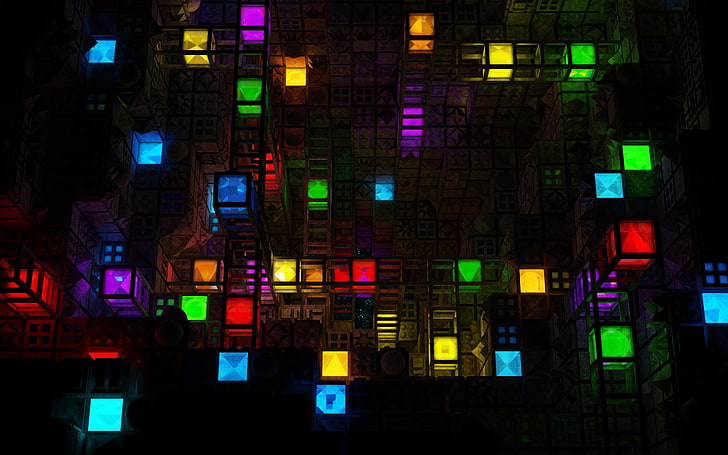 lampade a colori assortiti, colorato, cubo, rosso, blu, viola, giallo, verde, geometria, labirinti, arte digitale, Sfondo HD
