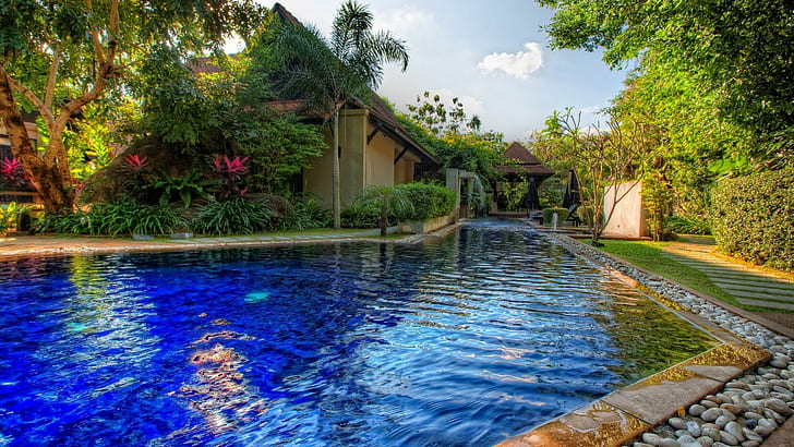 Superbe piscine privée Hdr, maison, jardin, cascade, piscine, pierres, nature et paysages, Fond d'écran HD