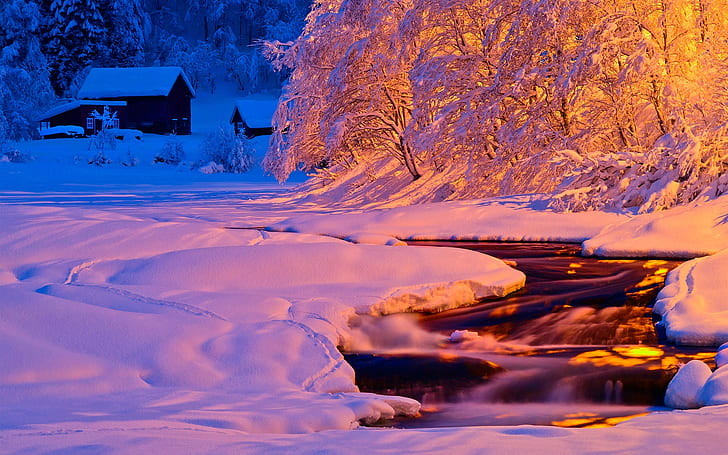 Зима, вечер, светлина, река, поток, сняг, къща, зима, вечер, светлина, река, поток, сняг, къща, HD тапет