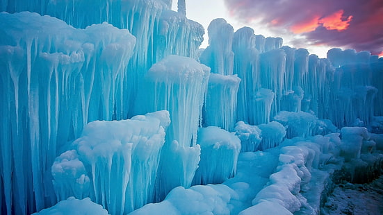 氷、氷山、つらら、青、冬、日没、霜、自然、氷、氷山、つらら、青、冬、日没、霜、自然、 HDデスクトップの壁紙 HD wallpaper