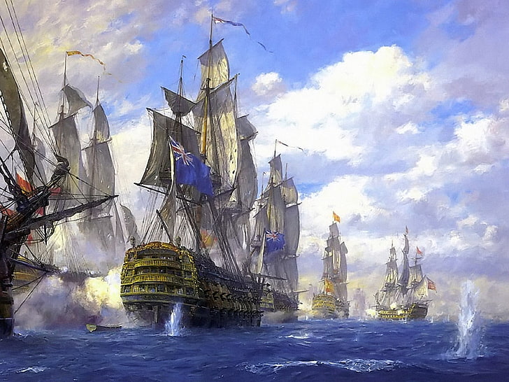 Ilustración de barcos galeón, Inglaterra, España, armada, cañones, pintura, batallas navales, velero, obras de arte, Fondo de pantalla HD