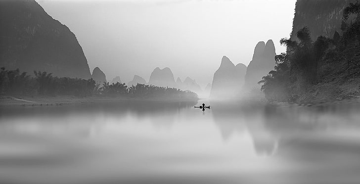 silhouette of trees, nature, landscape, mist, river, fisherman, mountains, palm trees, monochrome, China, morning, HD wallpaper