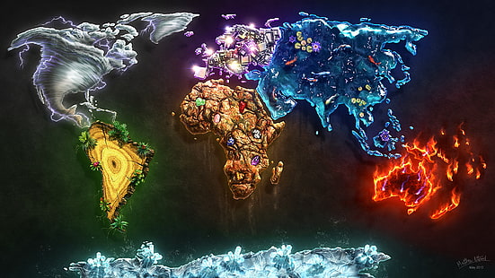 carte du monde multicolore, décor de cartes assorties, éléments, eau, terre, carte, feu, air, monde, continents, glace, diamants, métal, bois, Fond d'écran HD HD wallpaper