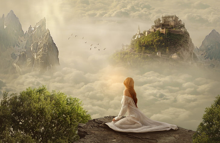 Dream, Woman, Clouds, Mountains, Girl, 4K, Castle, Cliff, Wallpaper HD