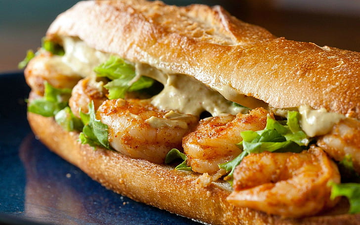bun with shrimp and vegetable, food, sandwiches, shrimp, HD wallpaper