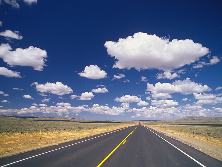 gray asphalt road, road, marking, asphalt, line, yellow, strip, clouds, roadside, HD wallpaper