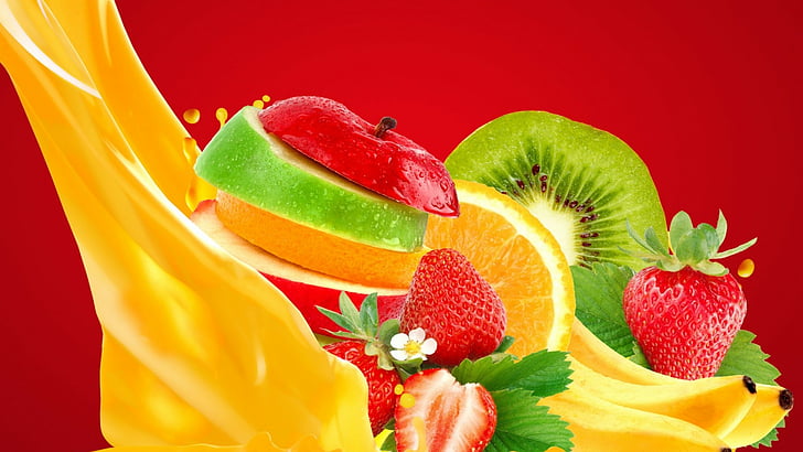 apple, banana, strawberry, orange, juice, HD wallpaper