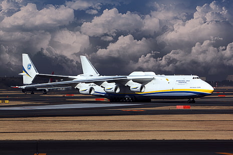 เครื่องบินสีขาวและสีน้ำเงิน, ท้องฟ้า, เมฆ, เครื่องบิน, ปีก, ยูเครน, Mriya, The an-225, Cargo, Jet, Antonov, Cossack, Ан225, วอลล์เปเปอร์ HD HD wallpaper