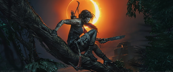 обои женщина на ветке дерева, видеоигры, ультраширокие, ультраширокие, Shadow of the Tomb Raider, Tomb Raider, Лара Крофт, Video Game Art, HD обои