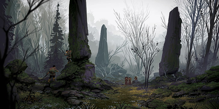 два человека стоят возле скал, лес, бонсай, фэнтези арт, HD обои