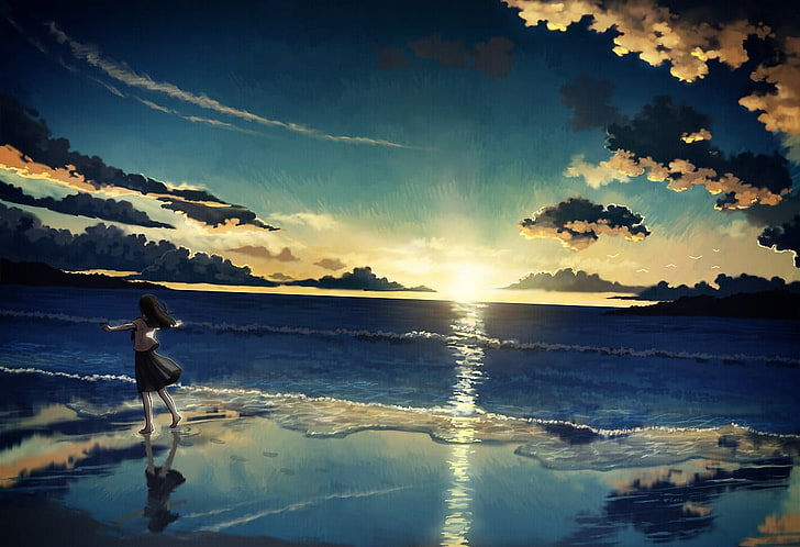 ผู้หญิงกำลังเดินบนชายทะเลทะเลพระอาทิตย์ตกสาวอะนิเมะทิวทัศน์มังงะอะนิเมะชายหาด, วอลล์เปเปอร์ HD