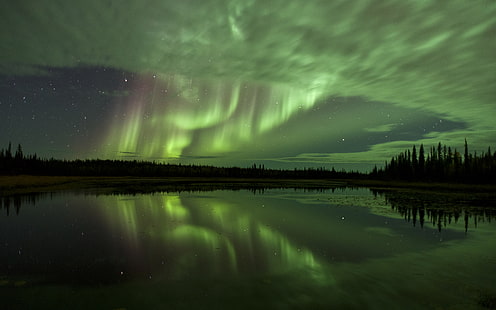 Aurora Borealis Northern Lights Night Green Stars Lake Reflection HD, nature, nuit, vert, étoiles, lac, réflexion, lumières, aurora, borealis, nord, Fond d'écran HD HD wallpaper