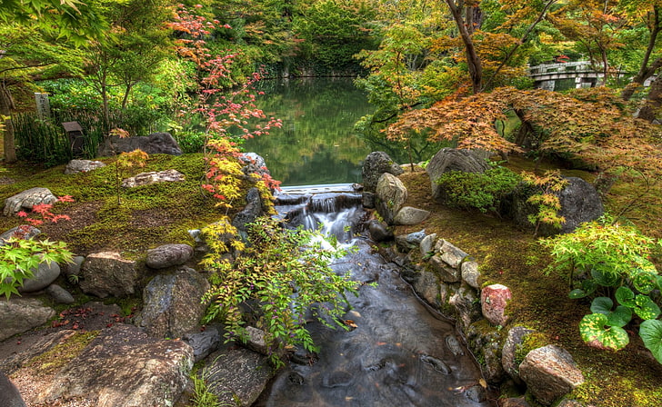 Japanese Garden, manmade waterfalls, Asia, Japan, Nature, Garden, Trees, Lake, Rocks, Japanese, HD wallpaper