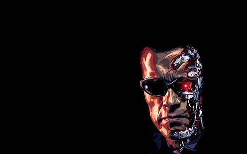 Terminator Arnold ilustrasi, terminator, robot, wajah, kacamata, kulit kepala, latar belakang hitam, Wallpaper HD HD wallpaper