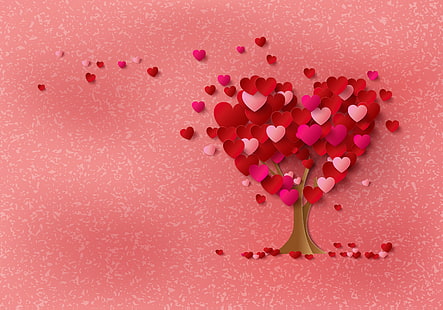 ilustracja czerwone i różowe serca, drzewo, serce, serca, miłość, romantyczny, Tapety HD HD wallpaper