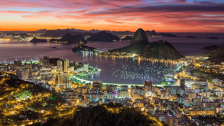 гора Сахарная голова, пляж Ботафого, Рио-де-Жанейро, восход, городской пейзаж, огни города, рассвет, утро, Южная Америка, туристическая достопримечательность, залив, горизонт, гавань, гавань, горизонт, море, HD обои