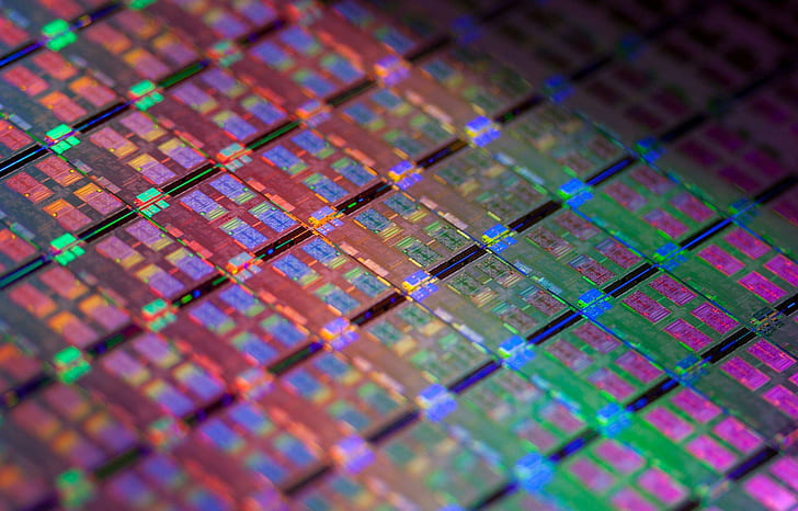 インテル、CPU、プロセッサ、表面、マクロ、緑と紫の回路基板、インテル、プロセッサ、表面、マクロ、 HDデスクトップの壁紙