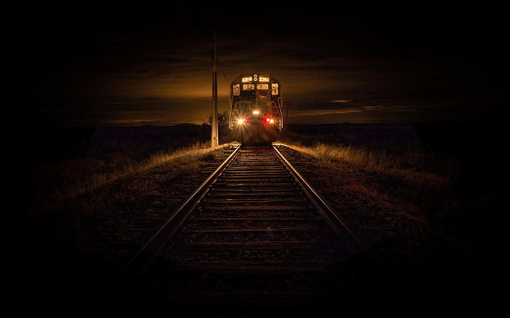 black train, landscape, nature, 2350, train, railway, dry grass, lights, evening, technology, Chile, diesel locomotive, HD wallpaper