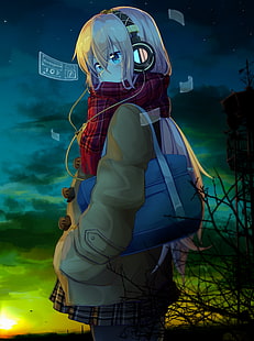 Anime, Anime Girls, lange Haare, Kopfhörer, blaue Augen, HD-Hintergrundbild HD wallpaper