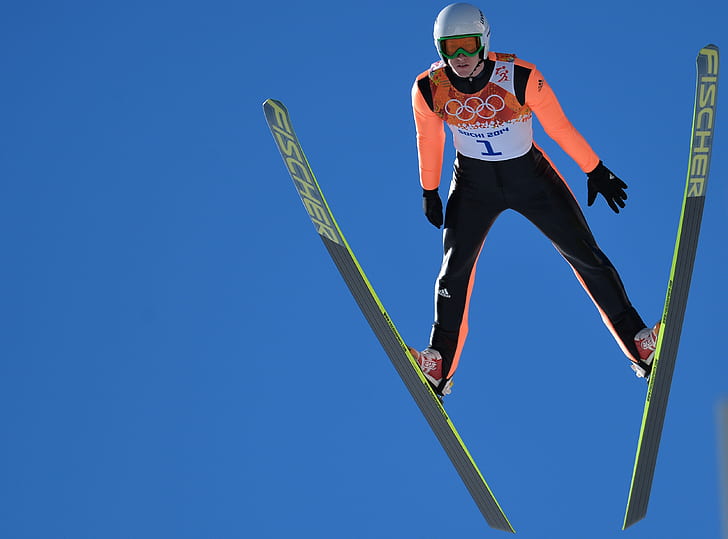 el cielo, el esquí, el vuelo, el salto, RUSIA, Sochi 2014, los XXII Juegos Olímpicos de Invierno, los juegos olímpicos de invierno de sochi 2014, los países nórdicos combinados, Evgeny Klimov, Fondo de pantalla HD