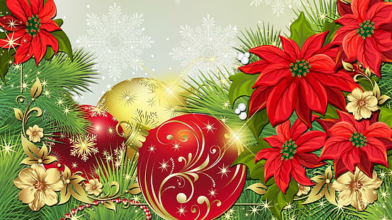 Flowers For Feliz Navidad, decorations, snowflakes, stars, christmas, balls, feliz navidad, fleurs, flowers, poinsettias, gold, HD wallpaper HD wallpaper