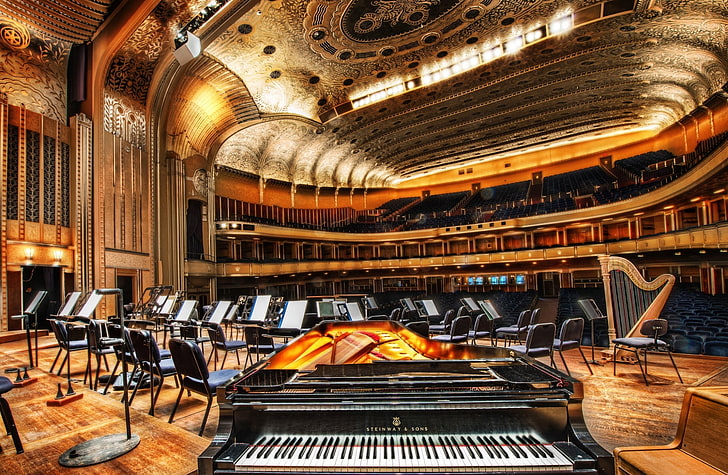 Severance Hall, black grand piano, Arsitektur, Musik, Piano, Hall, gedung konser, simfonik, Wallpaper HD