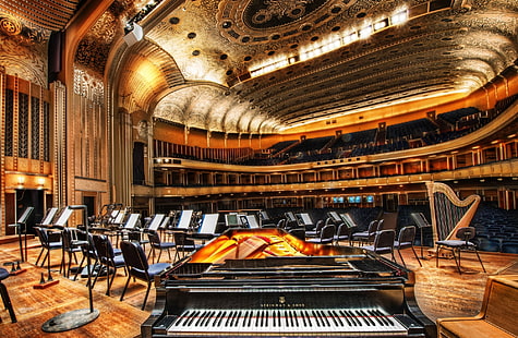 Severance Hall, black grand piano, Arsitektur, Musik, Piano, Hall, gedung konser, simfonik, Wallpaper HD HD wallpaper