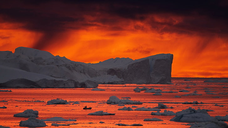 iceberg branco, paisagem, neve, natureza, pôr do sol, iceberg, mar, gelo, HD papel de parede
