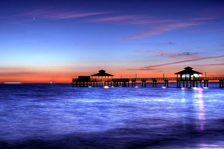 Sea Pier At Sundown, beach, pier, sundown, lights, nature and landscapes, HD wallpaper