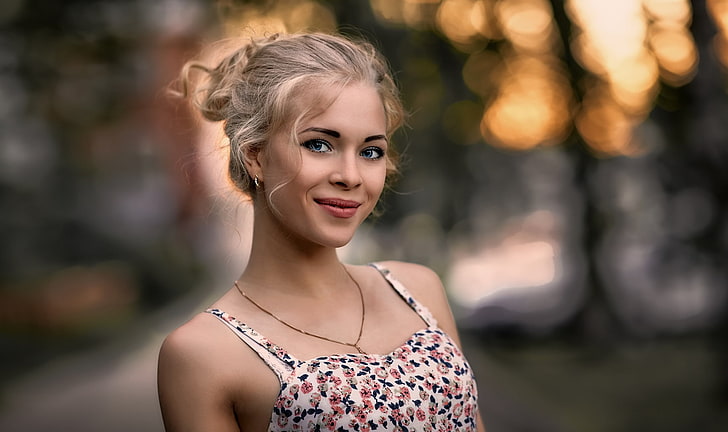 Sergey Baryshev, blonde, women, model, depth of field, blue eyes, smiling, women outdoors, looking at viewer, face, portrait, HD wallpaper