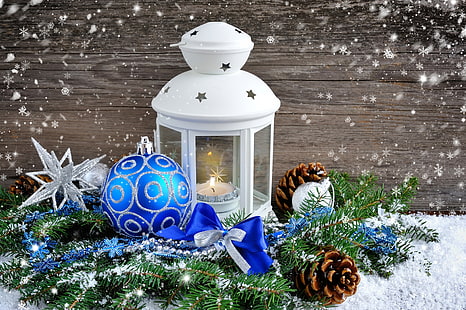 white candle lantern, winter, snow, New Year, Christmas, light, Xmas, decoration, candle, lantern, Merry, HD wallpaper HD wallpaper