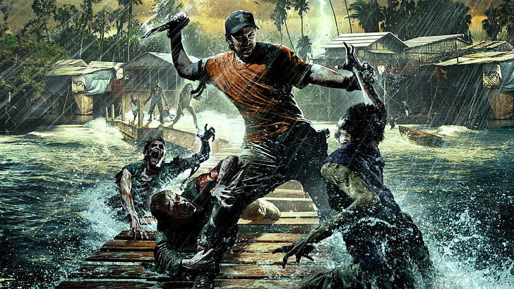 Water, Trees, Lightning, Knife, Palm trees, Weapons, Hut, Zombies, John, The situation, Deep Silver, Techland, Survivors, Tray, Dead Island Riptide, Bridges, HD wallpaper