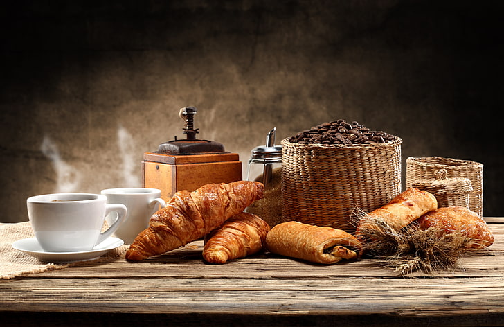 pão ao lado de xícaras de café, café, pão, xícara, açúcar, pires, fumaça, cesta, moedor de café, HD papel de parede