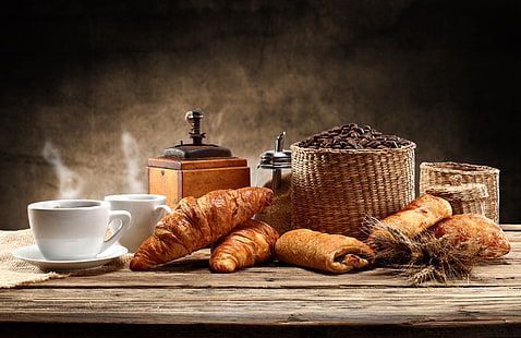 bread beside coffee cups, coffee, bread, Cup, sugar, saucer, smoke, basket, coffee grinder, HD wallpaper HD wallpaper