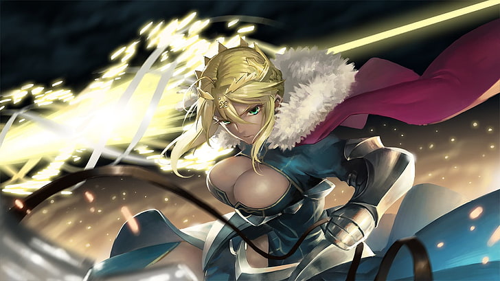 жена държи илюстрация на меч, Fate / Stay Night: Unlimited Blade Works, Fate / Grand Order, Sabre, броня, оръжие, корона, деколте, HD тапет