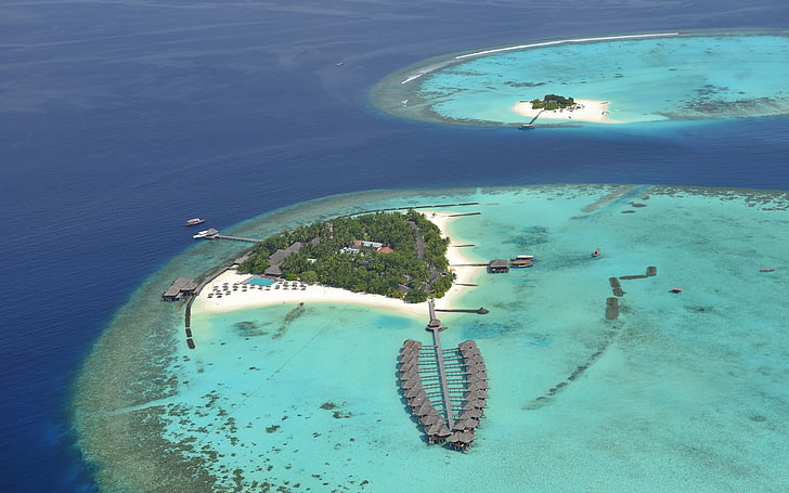 foto aérea de isla, islas, banco, resort, cabañas, palmeras, azul, océano, desde arriba, diseño, registro, Fondo de pantalla HD