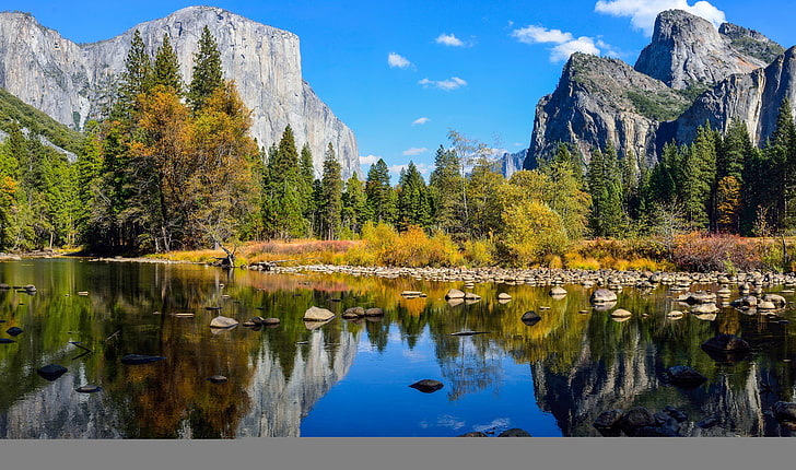 forest and body of water, yosemite national park, lake, rocks, mountains, autumn, nature, HD wallpaper