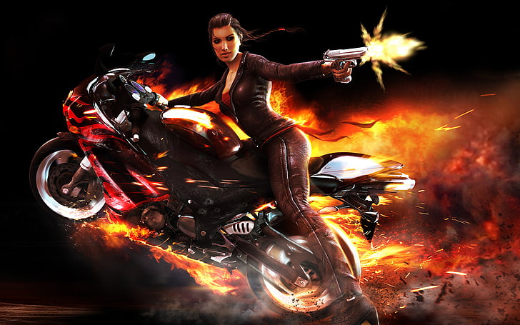 female character wallpaper, motorcycle, shooting, the wheelman, HD wallpaper
